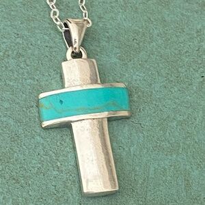 Sterling silver and turquoise cross pendant on sterling silver chain